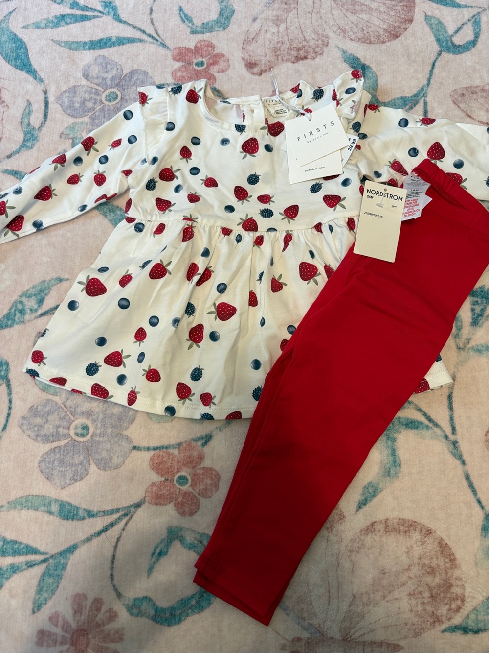 Cream Strawberry & Blueberry Top with Red Leggings - Kids Matching Set